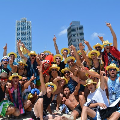 Group of boys on hen do party in Barcelona, just before embarking