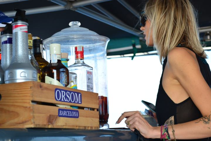 a woman sitting on a table